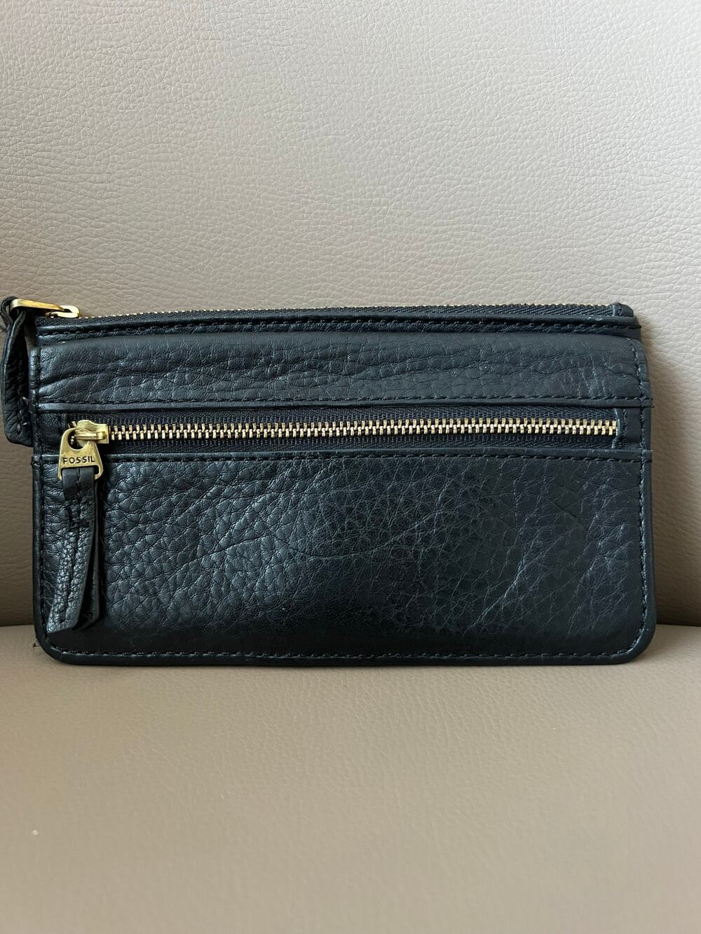 Fossil Preston Wallet Black Leather Flap Zipper Pebbled